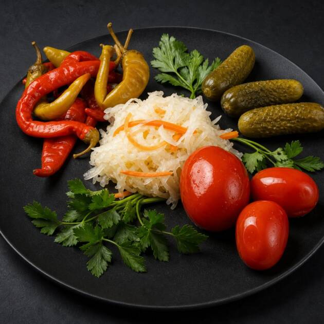 Variace nakládané zeleniny (rajčata, okurky, zelí, čerstvé bylinky)