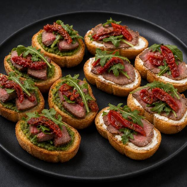Bruschetta s uzenými kachními prsy, hořčicí a okurkou