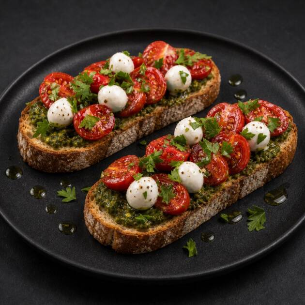 Bruschetty s mozzarellou, rajčaty a pestem
