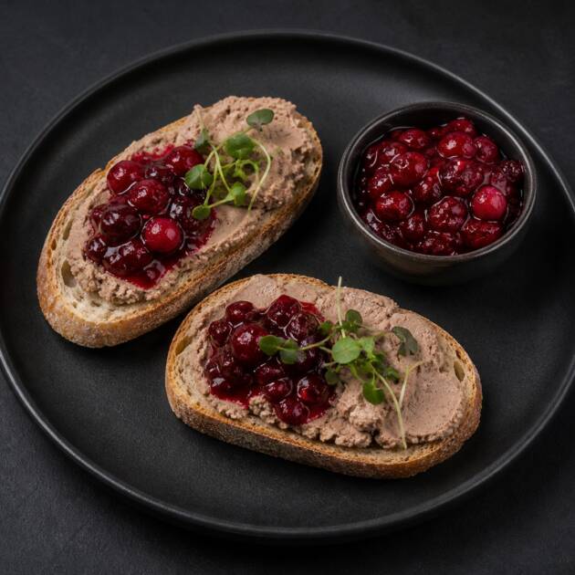 Bruschetta s paštikou a kořeněnými višněmi