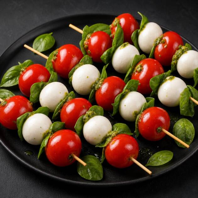 Caprese, baby mozzarella, cherry rajčata a pesto