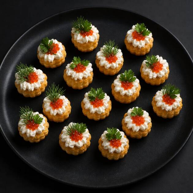 Profiterolky s červeným kaviárem, krémovým sýrem a čerstvým koprem